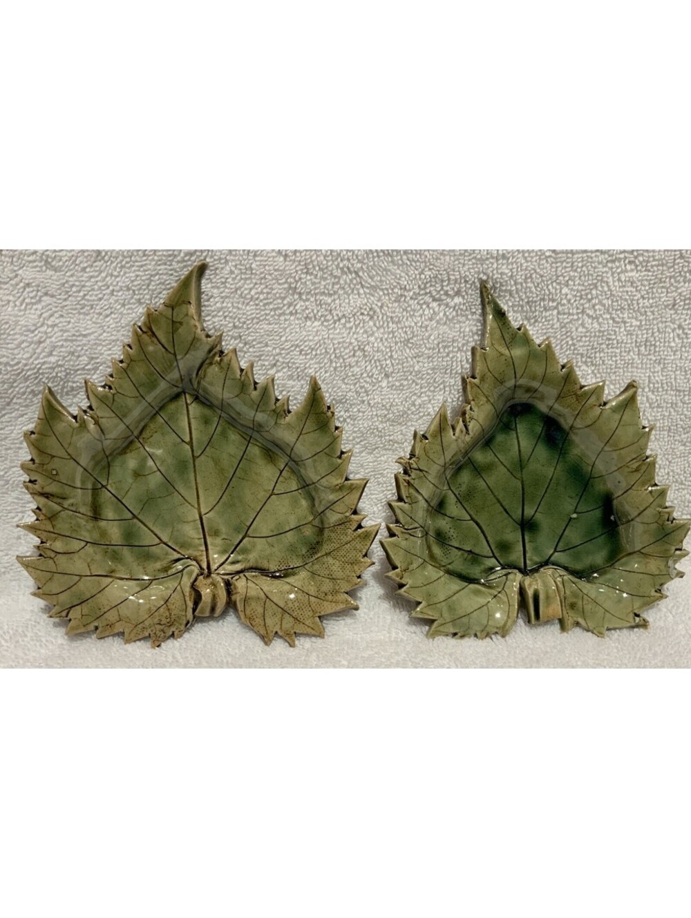 Handmade Ceramic Art Pottery Set of Two Detailed Decorative Green Leaves